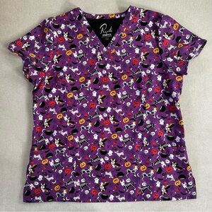Maevn Halloween Dog Print V-Neck Scrub Top. Large.